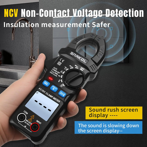 Person holding All In One Clamp Meter For AC And DC Voltage And Current, 600A Range, 6000 Counts, 35mm Jaws during NCV detection