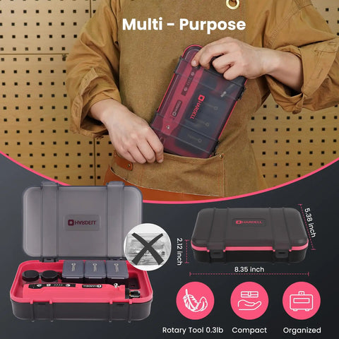 Person holding Mini Cordless Rotary Tool Kit with 5 Speed 3.7V Rechargeable USB Charging 129 Accessories in a compact case