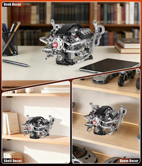 Mini V8 Engine Model Kit That Runs With 770 Piece Motorized Build Set And Lights displayed on desk and shelves