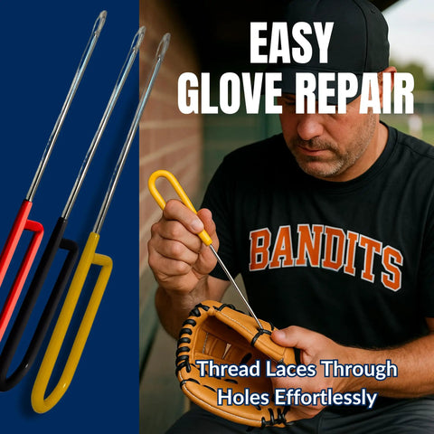 Relacing Needle For Baseball Gloves Pro Grade Durable Steel Lacing Tool shown reweaving a glove, available in red, black, yellow.
