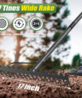 Heavy Duty Bow Rake With Adjustable Handle, 5Ft Metal Yard Rake, 17 Tine Wide Head For Lawn Leaves Mulch And Thatch in use outdoors