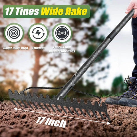 Heavy Duty Bow Rake With Adjustable Handle, 5Ft Metal Yard Rake, 17 Tine Wide Head For Lawn Leaves Mulch And Thatch in use outdoors