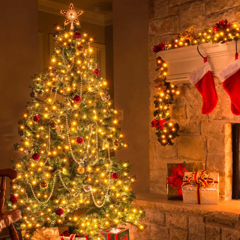 Christmas tree lit with Solar Outdoor String Lights 60Ft 180 LED IP67 Waterproof Dope 8 Modes With Timer Memory Function