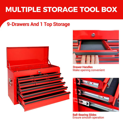 24 Inch Portable Metal Tool Box With Nine Ball Bearing Drawers And Slick Eva Linings For Sorted Gear Stash A Grab And Go Shop Ready Red Heavy Duty Workhorse For Garage Builds with open drawers.