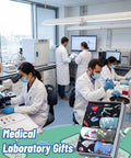 Scientists working in a lab with boxed 8 Pairs Medical Laboratory Socks For Women And Men in the foreground.