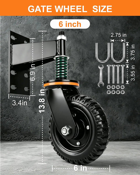 6 Inch Heavy Duty Gate Wheel With Beefed-Up Spring Loaded Support And 600 Lb Capacity, close-up view, hardware included