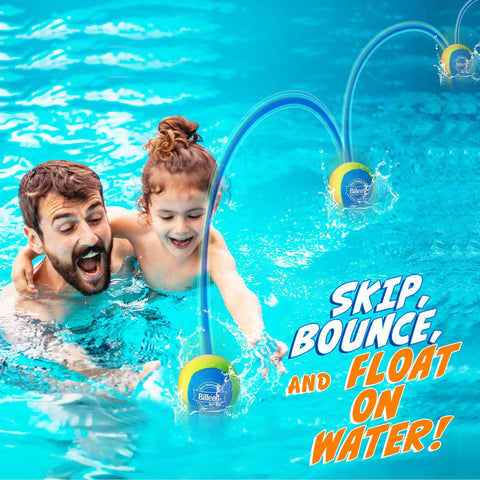 Child and adult playing with Five Color Rainbow Water Skipping Balls Set For Pool Play Soft TPR Material Easy Grip Floating Design