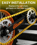 Gold Dirt Bike Chain for Tuttio Soleil 01 installed on a wheel, showing carbon steel construction and anti-rust features.