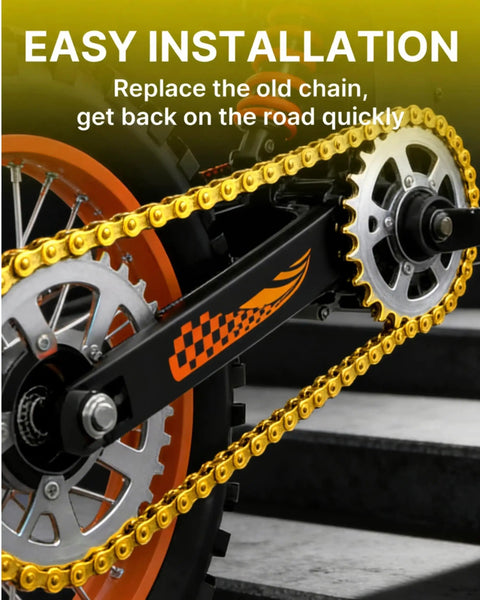Gold Dirt Bike Chain for Tuttio Soleil 01 installed on a wheel, showing carbon steel construction and anti-rust features.