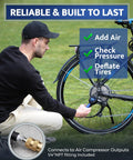 Person using Digital Bike Tire Inflator With Pressure Gauge For Presta And Schrader Valves on a bicycle tire