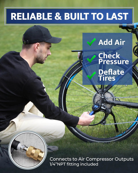 Person using Digital Bike Tire Inflator With Pressure Gauge For Presta And Schrader Valves on a bicycle tire