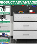 Close-up view of Heavy Duty 10 Piece Steel Garage Cabinet System with workbench, focus on drawers and caster wheels features.