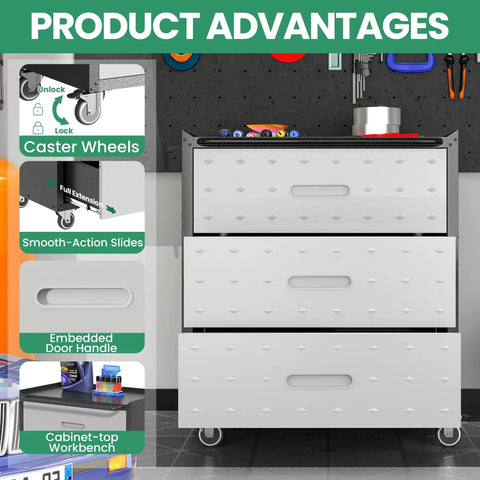 Close-up view of Heavy Duty 10 Piece Steel Garage Cabinet System with workbench, focus on drawers and caster wheels features.