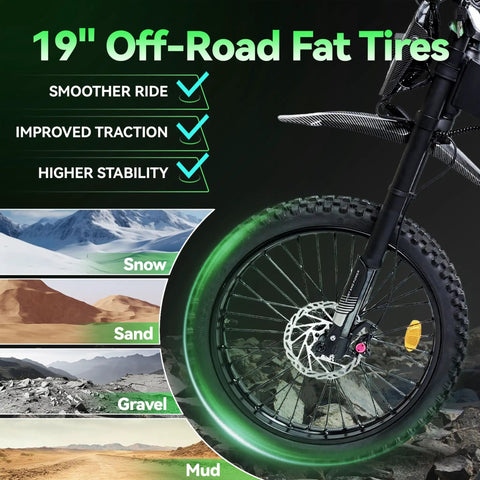 19" Off-Road Fat Tires for Heavy Duty Adult Electric Dirt Bike With Full Suspension, designed for smooth rides on various terrains.