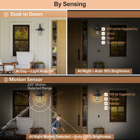 2 Pack 10 Inch Motion Sensor Outdoor Porch Lights Dusk to Dawn Exterior Wall Sconces demonstrating dusk-to-dawn and motion sensor features