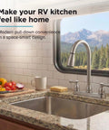 Two Handle Pull Down Kitchen Sink Faucet With Sprayer And Stream Spray Toggle in RV kitchen with mountain view.