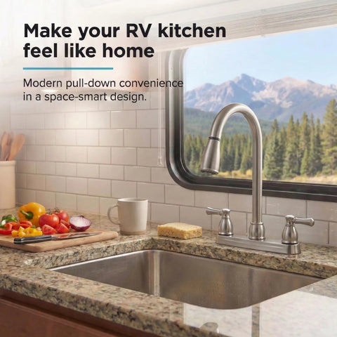 Two Handle Pull Down Kitchen Sink Faucet With Sprayer And Stream Spray Toggle in RV kitchen with mountain view.