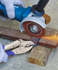 Heavy Duty 10 Inch Locking Pliers With Curved Jaw, Wire Cutter in use with angle grinder on metal beam