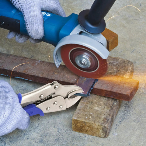 Heavy Duty 10 Inch Locking Pliers With Curved Jaw, Wire Cutter in use with angle grinder on metal beam