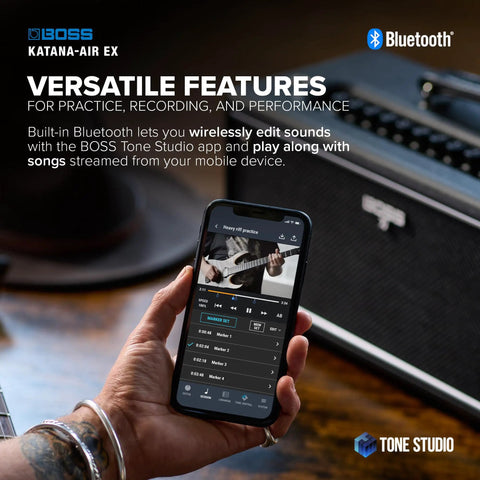 Powerful Wireless Desktop Amplifier For Guitar And Bass With Dual Five Inch Speakers Delivers Rich Stereo Tone shown with Bluetooth app