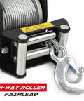 Close-up of 2500Lb 12V Electric Winch with waterproof steel cable, showing 4-way roller fairlead and hook for ATV UTV towing.