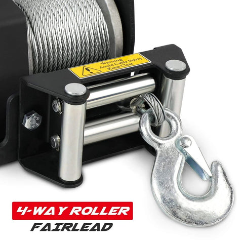 Close-up of 2500Lb 12V Electric Winch with waterproof steel cable, showing 4-way roller fairlead and hook for ATV UTV towing.