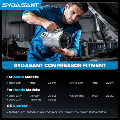 OEM Style AC Compressor Direct Drop In Replacement For Honda Odyssey Pilot Ridgeline And Acura MDX ZDX being installed by a technician.