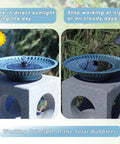 12.3 Inch Solar Fountain Bird Bath For Outdoors Metal Bird Bath Fountain For Garden And Patio Decor Blue No Wiring Needed Solar Powered Bubbling Water Feature For Birds showing operation in sunlight and non-operation at night.