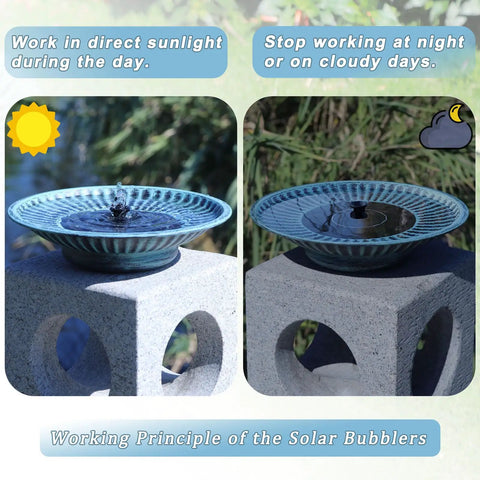 12.3 Inch Solar Fountain Bird Bath For Outdoors Metal Bird Bath Fountain For Garden And Patio Decor Blue No Wiring Needed Solar Powered Bubbling Water Feature For Birds showing operation in sunlight and non-operation at night.