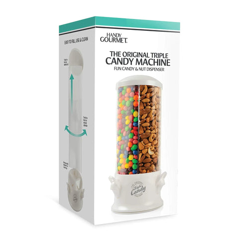 Stay Stocked On Your Favorite Treats Triple Compartment Candy Vending Machine Dispenser Pearl White design displaying colorful candy and nuts.
