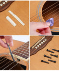 Complete 72-Piece Guitar Tool Kit For Repairs And Setup showing guitar bridge, pick, wrench tool, and pegs on acoustic guitar