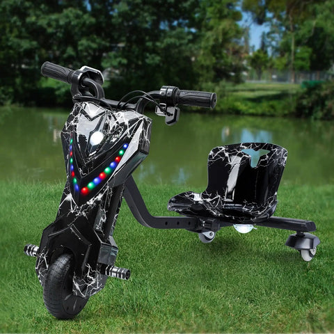 Rad Electric Crazy Drift Cart for Kids Big Wheel Drift Trike 12V Ride On Car With Swivel Steering Slide Seat 360 Degree Drifting Adjustable Size for Growing Riders Strong Steel Frame Black, side view
