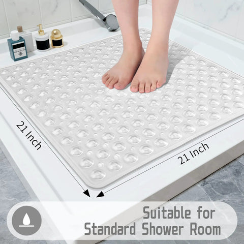 Total Bath Upgrade Slick Non Slip Shower Mat With Rock Solid Suction Cups And Quick Drain Holes For Fast Drying Soft Machine Washable Bathroom Floor Rug Clear Square Design, 21x21 inch, used in shower.