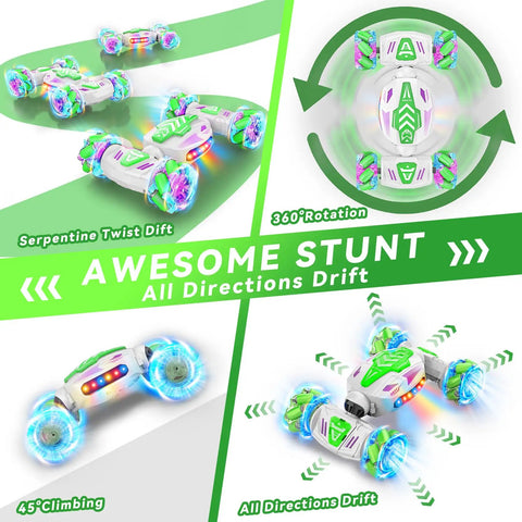 Gesture Sensing RC Car That Transforms Into A Dope Stunt Vehicle With 360 Degree Rotating 4WD Drive And Remote Or Hand Control, shown performing stunts and 360° rotation with all directions drift capability.