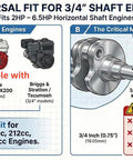 Universal fit 3/4 inch shaft compatibility for 212cc Predator, Honda, Briggs & Stratton engines with measurements and compatibility details.