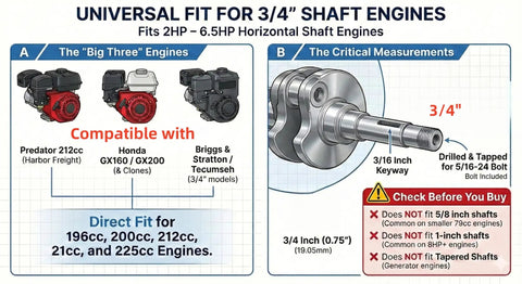 Universal fit 3/4 inch shaft compatibility for 212cc Predator, Honda, Briggs & Stratton engines with measurements and compatibility details.