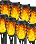 8 Pack Solar Tiki Torch Lights With Realistic Flickering Flame For Outdoor Garden Decor Waterproof LED Pathway And Patio Yard Lights That Charge In Sun Weatherproof And Easy To Install, showing close-up of torches