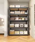 Detachable 5 Tier Storage Shelves For Pantry Kitchen Closet, Adjustable Modular Metal Shelving System With Height Configurable Levels, Easy Setup And Quick Disassembly For Flexible Home Organization, black metal shelving in bedroom closet with bags and baskets