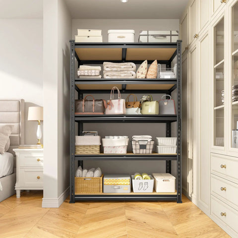 Detachable 5 Tier Storage Shelves For Pantry Kitchen Closet, Adjustable Modular Metal Shelving System With Height Configurable Levels, Easy Setup And Quick Disassembly For Flexible Home Organization, black metal shelving in bedroom closet with bags and baskets