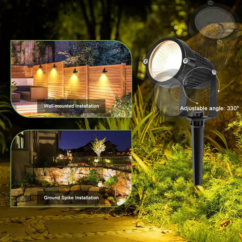 12V LED Outdoor Landscape Spotlight Kit with plug-in waterproof transformer showing adjustable angle for yard and garden use.