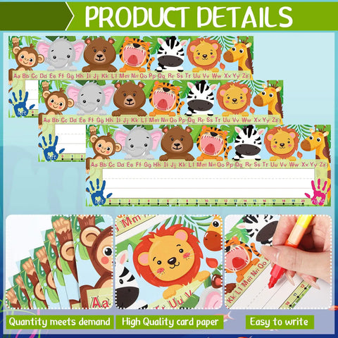 40 Pack Classroom Name Plates For Desks With Adhesive Dots Traditional Manuscript Alphabet Tags That Go Left Or Right 11.8 By 3.9 Inches Easy To Use For Student Desks Kid Friendly Animal Theme Decor with images of lions, elephants, and giraffes.
