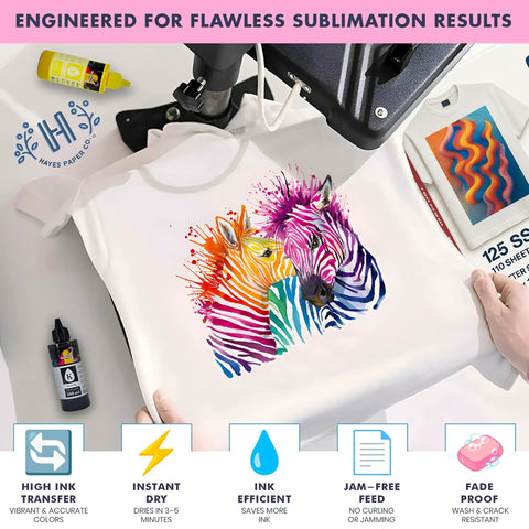 PinkTech 125Gsm Sublimation Paper 8.5x11 Inch Pack Of 110 Sheets For Inkjet Printers, T-shirt with colorful zebra print using sublimation paper