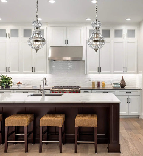 Modern kitchen with two 12 Inch Antique Brass And Clear Regina Empire LED Pendant Lights with Crystal Shade Dope Adjustable Hanging Chandelier