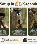 Steps for setting up Double Camping Hammock All-In-One Set In Fruit Green Gradient No Knots Needed with straps and carabiners.
