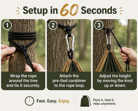 Steps for setting up Double Camping Hammock All-In-One Set In Fruit Green Gradient No Knots Needed with straps and carabiners.