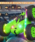 Remote Control Car With Upgraded Strip Lights And Bright Headlights Radical Stunt RC Car For Kids 360 Degree Double Sided Rotating 4WD Drift Truck Epic Gift For Boys And Girls Green displayed with vibrant lights on rocky surface.
