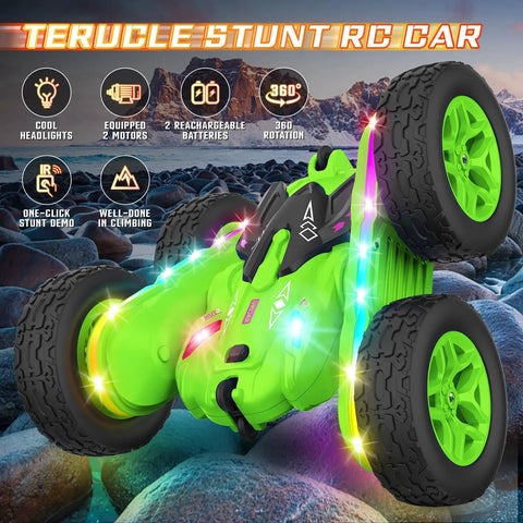 Remote Control Car With Upgraded Strip Lights And Bright Headlights Radical Stunt RC Car For Kids 360 Degree Double Sided Rotating 4WD Drift Truck Epic Gift For Boys And Girls Green displayed with vibrant lights on rocky surface.