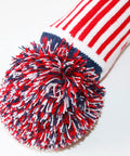 Close-up of US Flag Knit Pom Pom Three Wood Fairway Head Cover With Long Neck Sock Double Strength Knit Machine Washable