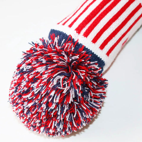 Close-up of US Flag Knit Pom Pom Three Wood Fairway Head Cover With Long Neck Sock Double Strength Knit Machine Washable