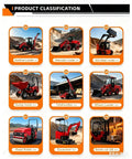 Image displaying various construction equipment types including backhoe loader, telscopic loader, skid steer, dump truck.